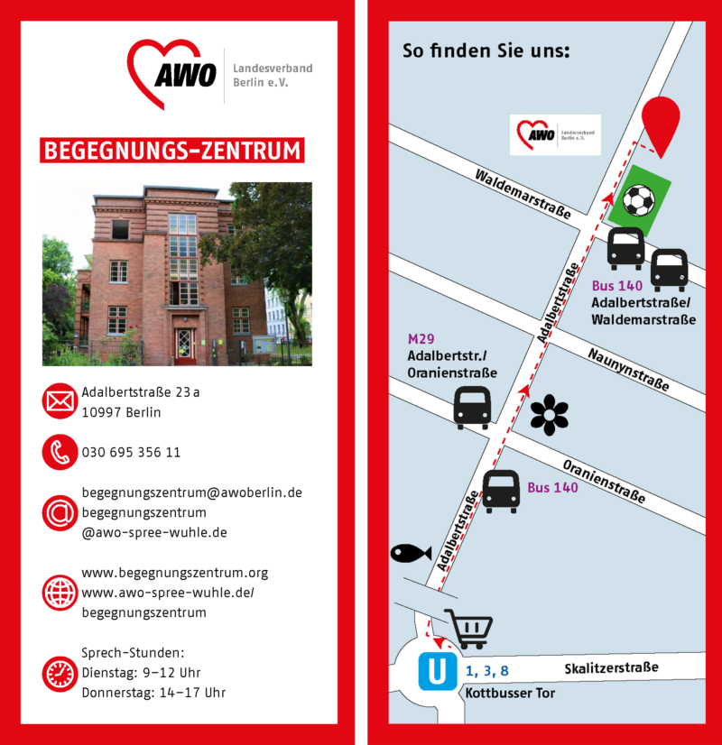Flyer in Leichter Sprache für das Begegnungszentrum in der Adalbertstraße 23a, 10997 Berlin.